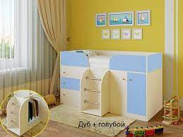 Кровать-чердак Малыш-4 Дуб молочный/Голубой в Алейске - alejsk.mebel54.com | фото