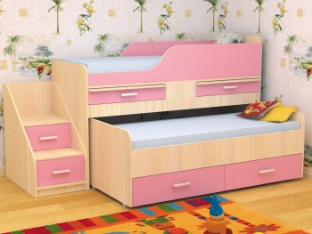 Кровать детская Лесики двухместная 1.8  Дуб молочный/Розовый в Алейске - alejsk.mebel54.com | фото