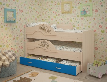 Кровать выкатная Радуга-Сафари детская 1600 Млечный дуб/Голубой в Алейске - alejsk.mebel54.com | фото